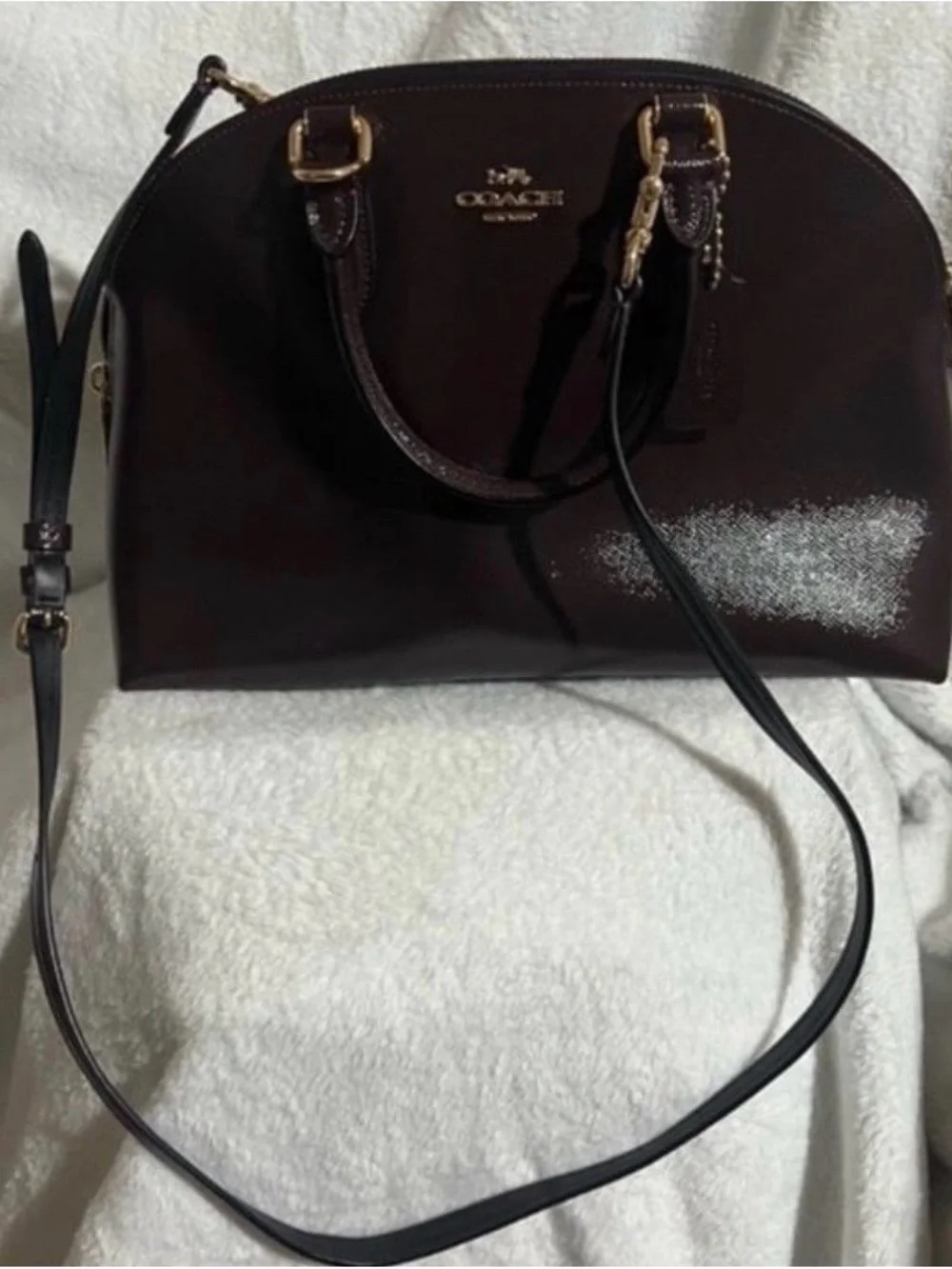 Coach Oxblood Quinn Patent Crossgrain  Leather Satchel.